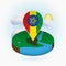 Isometric round map of Ethiopia and point marker with flag of Ethiopia. Cloud and sun on background