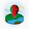 Isometric round map of Malawi and point marker with flag of Malawi. Cloud and sun on background