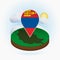 Isometric round map of Mongolia and point marker with flag of Mongolia. Cloud and sun on background