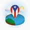 Isometric round map of Puerto Rico and point marker with flag of Puerto Rico. Cloud and sun on background