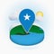 Isometric round map of Somalia and point marker with flag of Somalia. Cloud and sun on background