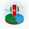 Isometric round map of Suriname and point marker with flag of Suriname. Cloud and sun on background