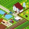 Isometric Rural Farm Agricultural Field with Animals and House