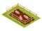 Isometric rural farm. Pigs in swamp behind wooden fence. Vector icon representing countryside element