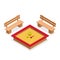 Isometric sandbox with toys and benches. Outdoor furniture vector icon