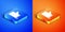 Isometric Sauna mittens icon isolated on blue and orange background. Mitten for spa. Square button. Vector