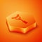 Isometric Sausage on the fork icon isolated on orange background. Grilled sausage and aroma sign. Orange hexagon button