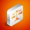 Isometric Scales of justice icon isolated on orange background. Court of law symbol. Balance scale sign. Silver square