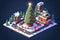 Isometric scene with Christmas decoration and christmas trees