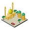 Isometric scene of muslim city life. Mosque, Arab men, Arabian building, red car and palm trees