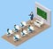 Isometric school classroom. Group of school kids with teacher sitting in classroom. Education. Classroom design with