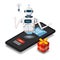 Isometric Science Chat bot, smartphone concept. On line store, shopping, assistent, sale, e-commerce. Artificial