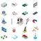 Isometric science icons with 3D design, electronics and chemistry equipment