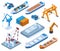 Isometric seaport elements, cargo ships, barges and containers. Marine port ships, cranes and shipping containers vector