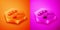 Isometric Searching for food icon isolated on orange and pink background. Homelessness and poverty concept. Hexagon