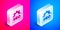 Isometric SEO optimization icon isolated on pink and blue background. Silver square button. Vector