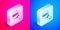 Isometric SEO optimization icon isolated on pink and blue background. Silver square button. Vector