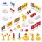 Isometric set of airport lights, taxiway signs, runway Guard, approach, touchdown zone and advanced airport light spotting