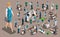 Isometric set bank icons with bank employees, woman bank worker, customer service manager. Financial structure, banking business