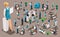 Isometric set bank icons with bank employees, woman bank worker, customer service manager. Financial structure, banking business