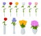 Isometric set of branches of red, white, pink, blue roses isolated on a white background. A bouquet of roses in a vase.