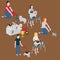 Isometric set of dog care. Pet owner feeding, walking and cleaning. Veterinary and grooming. Doggy competition winners