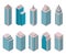 Isometric set of European high-rise buildings on a white background.