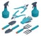 Isometric set of garden tools. Rake, pruner, sprayer, shovel, mittens, pitchfork, cutter, isolated on white background.