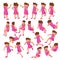 Isometric set of girls in different poses stands, runs, sits, lies and others on white background. Constructor set or