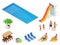 Isometric set icons of Summer water park holiday . Swimming pool and water slides. Vector illustration isolated on white