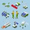 Isometric set of iot smart industry robot 4.0, robots in agriculture, farming robot, robot greenhouse. Agriculture smart