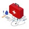 Isometric set of isolated doctor case first aid kit tools and medicaments. Vector web infographics concept.