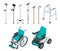 Isometric set of mobility aids including a wheelchair and electric wheelchair, walker, crutches, quad cane, and forearm
