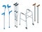 Isometric set of mobility aids including a wheelchair, walker, crutches, quad cane, and forearm crutches. Vector