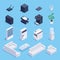 Isometric set of office equipment and furniture.