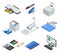 Isometric set of office tools. Vector icons illustration stapler, laminator, binder, office knife, multifunctional