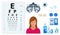 Isometric set of Ophthalmology and eye care icons. Medical helth equipment. Check eyesight for eyeglasses diopter.