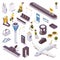 Isometric set of people at the airport, luggage belt, security service, airplane and more. Bags and trolley for travel and