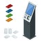 Isometric set vector online payment systems and self-service payments terminals, debit credit card and cash receipt. NFC