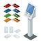 Isometric set vector online payment systems and self-service payments terminals, debit credit card and cash receipt. NFC