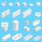 Isometric set of white cardboard box isolated on cian background. Isoleted vector illustration. Open and close empty