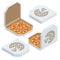 Isometric set of white pizza box template isolated on white background. Whole pizza of closed and open brown carton