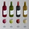 Isometric set of white, rose, and red wine bottles and glass. Vector illustration isolated on transparent background