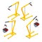 Isometric set of yellow garage crane or auto service lift for the car engine. Car maintenance vehicles diagnostics and