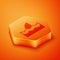 Isometric Shark fin in ocean wave icon isolated on orange background. Orange hexagon button. Vector