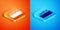 Isometric Sharp stone reefs protruding from the sea, a danger to sea ships and vessels icon isolated on orange and blue