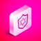 Isometric Shield with Star of David icon isolated on pink background. Jewish religion symbol. Symbol of Israel. Silver