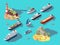 Isometric ships. Boats and sailing vessels, ocean tropical island with lighthouse and beach. 3d vector illustration