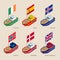 Isometric ships with flags: Denmark, United Kingdom England, Spain, Norway, Ireland, Iceland