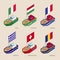 Isometric ships with flags: France, Romania, Hungary, Italy, Switzerland, Greece